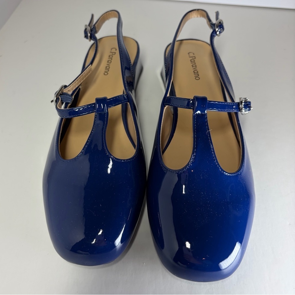 C. Paravano Womens Slingback T-Strap New Ballet Flats Blue Patent Leather 39 8.5